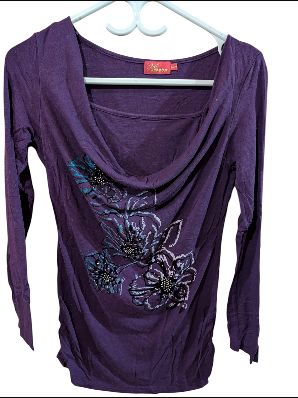 2/22$ Apostrophe Deep Purple Floral Drape-Neck Long Sleeve Top